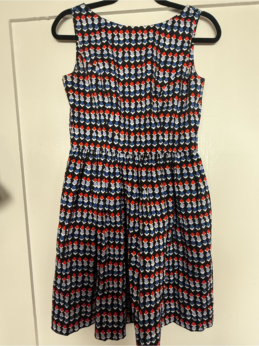 Shoshanna Black Dress with Red and Blue Geometric Print